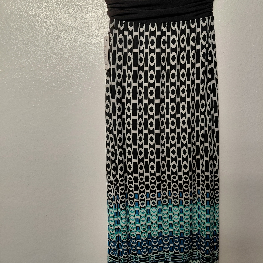 Apt. 9 Black and Teal Strapless Maxi Dress with Geometric Print